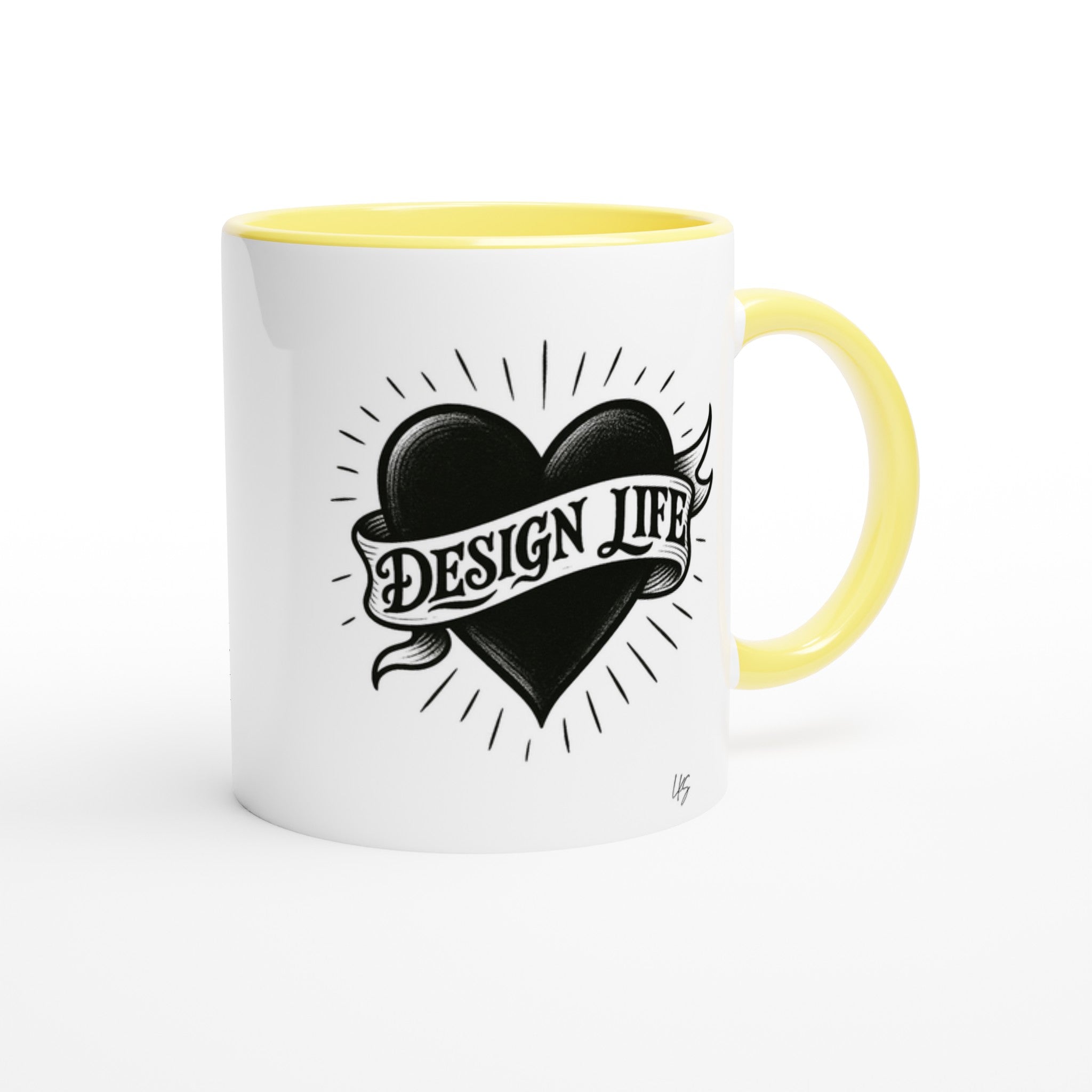 Left and Right side of design life tattoo mug with yellow interior and handle.