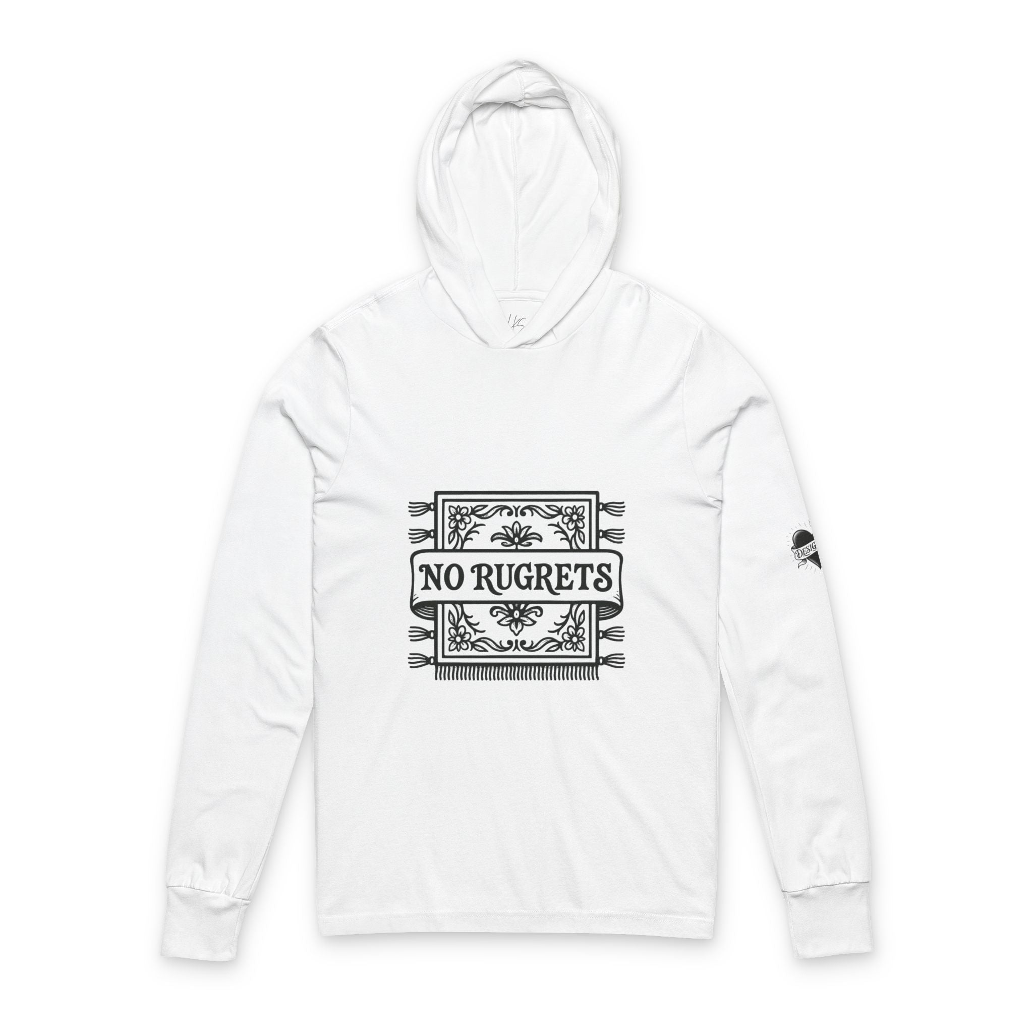 No Rugrets | Tattoo Style Designer Slogan Hooded Long Sleeve Tee- White